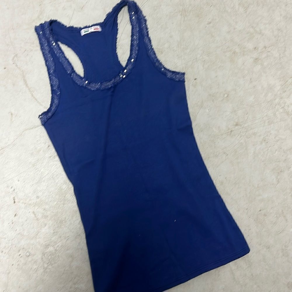 Blue Tank Top - Sequin Trim Around Top - Racerback Tank - LIKE NEW - Size Small